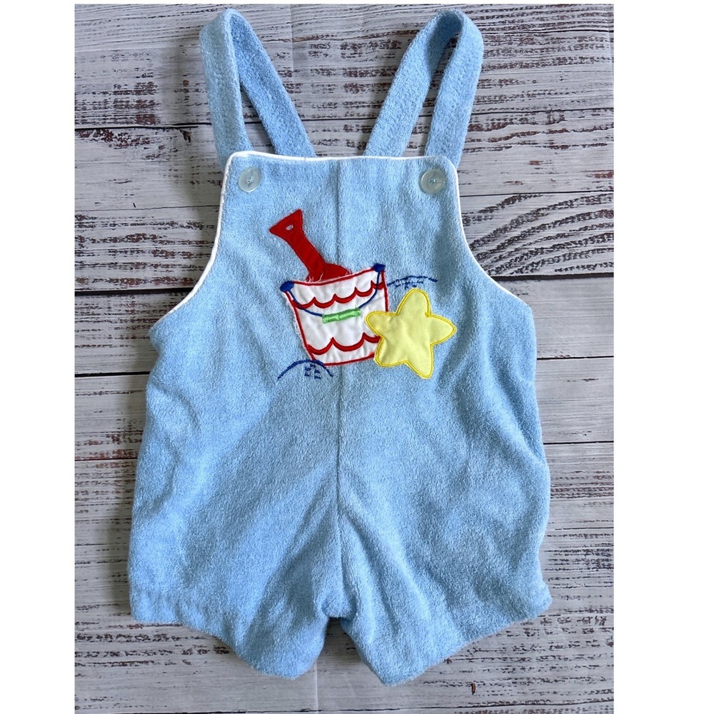 Vintage Tiny Tots Terry Cloth Romper Blue Beach Bucket Starfish Appliqué 12M